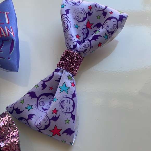 [ Disney Vamperina Handcrafted Glittery Purple Ribbon Hair Bows ] Set of 4 - Picture 2 of 6